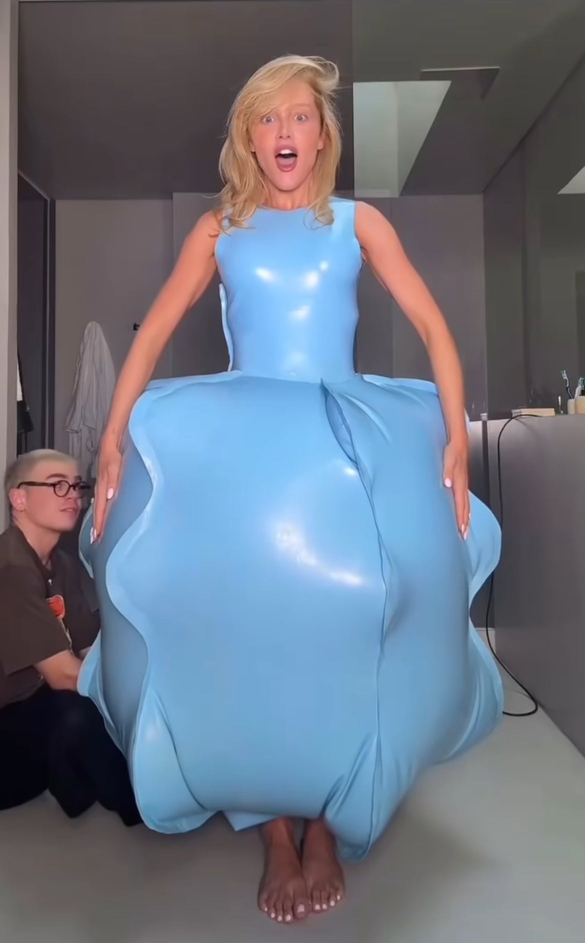 light blue latex dress Bubble — Inflatable Sculptural Dress seam construction and optional Madeleine Polka Dot Maxi Waist Size:60
