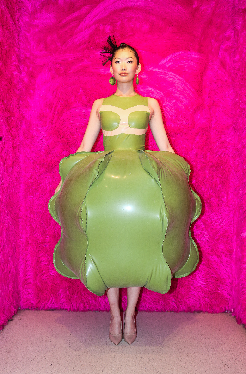 Green Balloon Dress- Inflatable Latex Sculptural Dress with Inflator