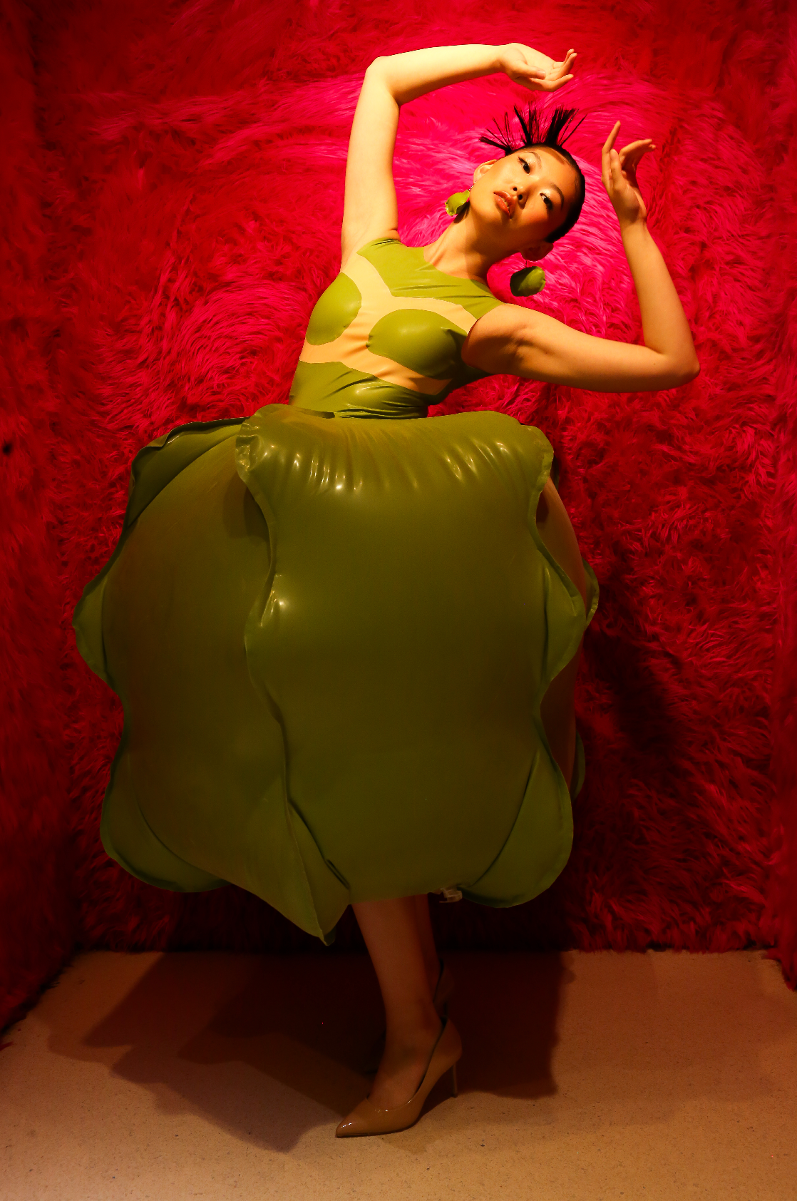 Green Balloon Dress- Inflatable Latex Sculptural Dress with Inflator