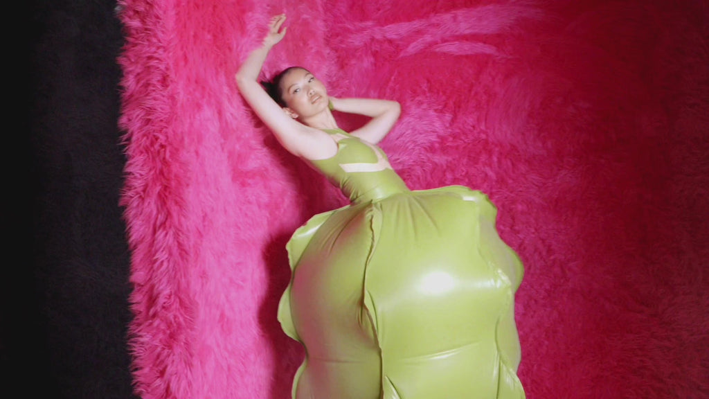 Green Balloon Dress- Inflatable Latex Sculptural Dress with Inflator